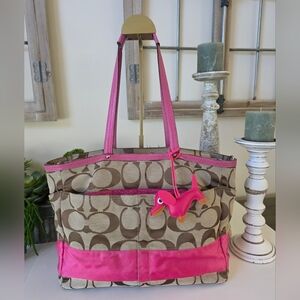 Coach Signature C Jacquard Tote/Baby Bag/Laptop Bag-Vibrant Hot Pink